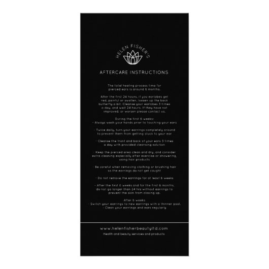 Carte Publicitaire Instructions de perçage de l'oreille après soins p (Devant)