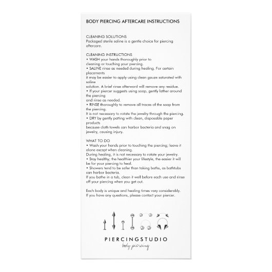 Carte Publicitaire Instructions de suivi Corps Piercing transparent (Devant)