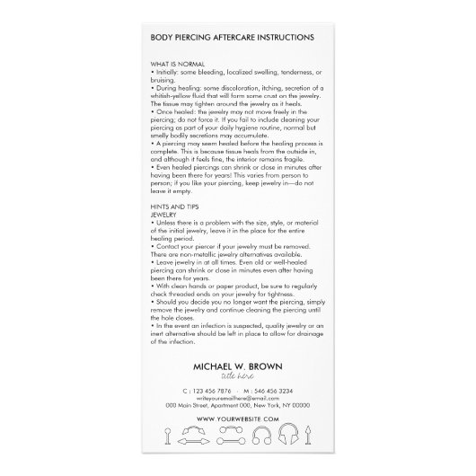 Carte Publicitaire Instructions de suivi Corps Piercing transparent (Dos)