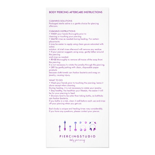 Carte Publicitaire Instructions de suivi Corps Piercing violet (Devant)