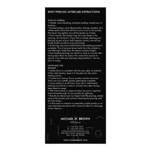 Carte Publicitaire Instructions de suivi Piercing moderne (Dos)