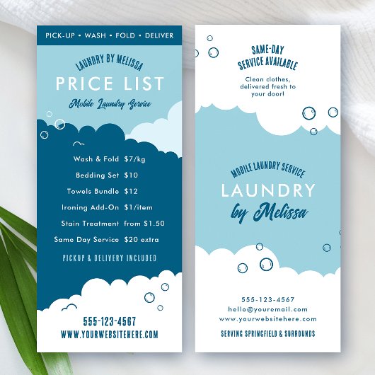 Carte Publicitaire Laundry Service Dry Cleaner Price List Blue White
