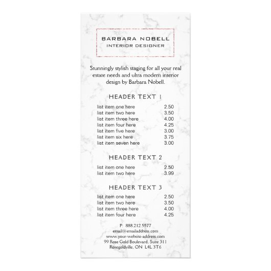 Carte Publicitaire Luxe Marbre Rose Gold Designer Rack Card (Devant)