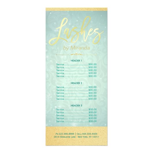 Carte Publicitaire Maquillage Artiste Gold Script Green Tarifs (Devant)