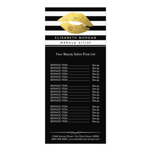 Carte Publicitaire Maquillage Gold Lips Black White Stripes Tarifs (Devant)
