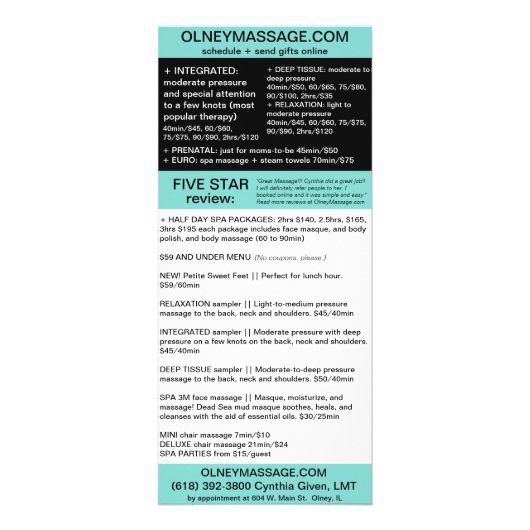 Carte Publicitaire massage bleu et brochure spa (Dos)