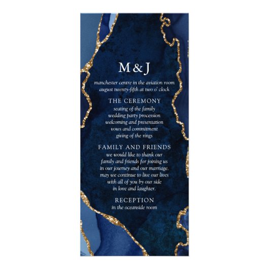 Carte Publicitaire Navy Marble & Gold Agate Wedding Program (Devant)