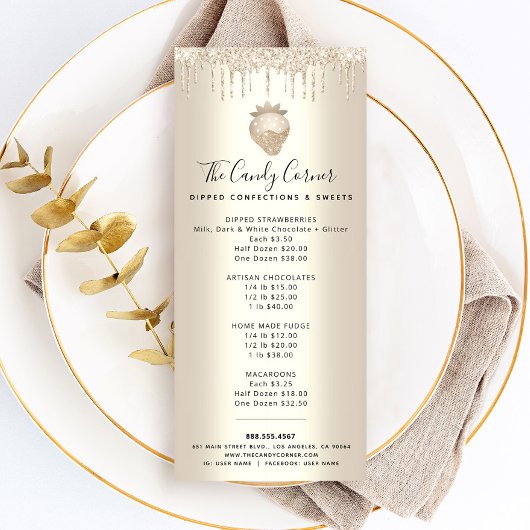 Carte Publicitaire Parties scintillant d'or Fraise Dessert Sweets Men