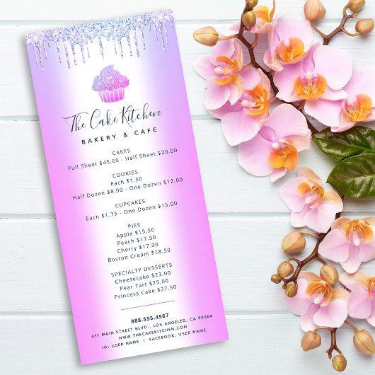 Carte Publicitaire Parties scintillant violette Boulangerie Cupcake P