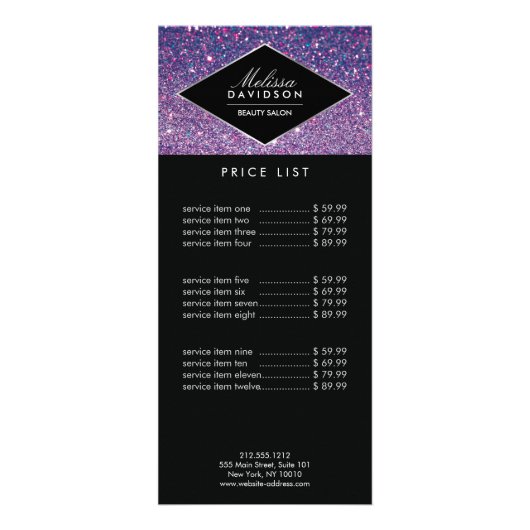 Carte Publicitaire Parties scintillant violette et beauté glamour (Devant)