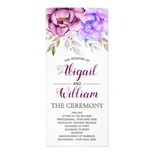 Carte Publicitaire Purple watercolor flowers floral wedding program (Devant)