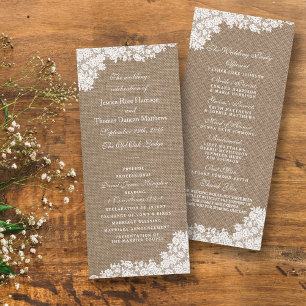 Carte Publicitaire Rustique Burlap & Vintage White Lace Wedding Progr