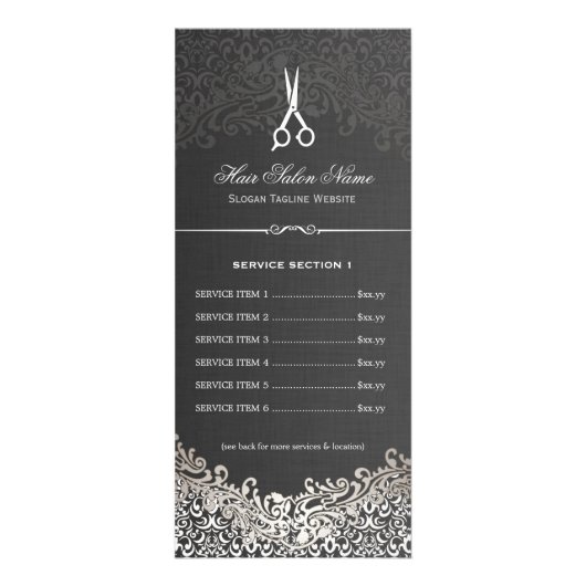 Carte Publicitaire Salon de cheveux Elegant Argent foncé Damask Tarif (Devant)