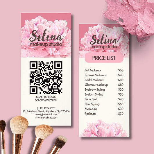Carte Publicitaire Studio De Maquillage Floral Rose Pink Crème Élégan