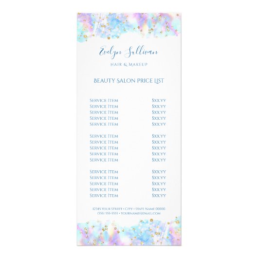 Carte Publicitaire tarif parties scintillant pastel bleu pastel (Devant)