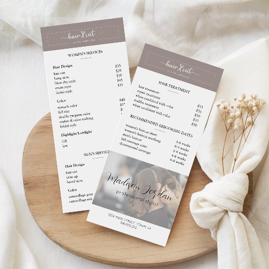 Carte Publicitaire Tarification simple salon de coiffure beige boho a
