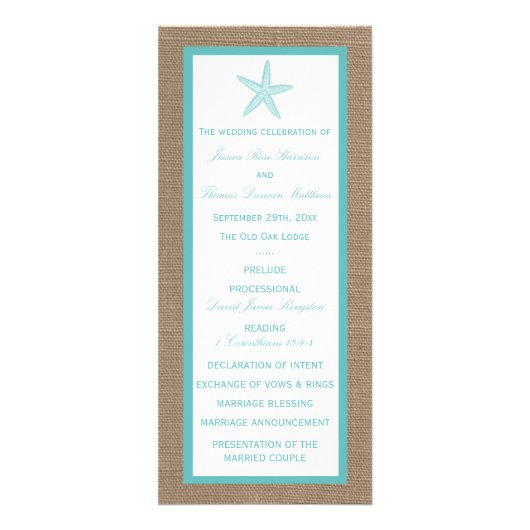 Carte Publicitaire Turquoise Starfish Burlap Beach Wedding Program (Devant)
