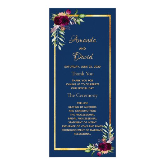 Carte Publicitaire Wedding navy blue florals burgundy (Devant)