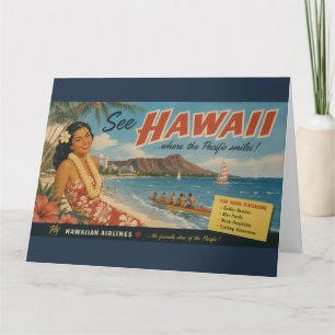 Carte Publicité de voyage hawaïenne de style vintage
