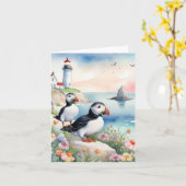 Carte Puffins by the Sea - Ocean Flowers & Lighthouse (Fleur jaune)