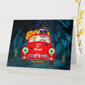 Carte Pug Chien Conduisant une Voiture Effrayante Hallo (Fleur jaune)
