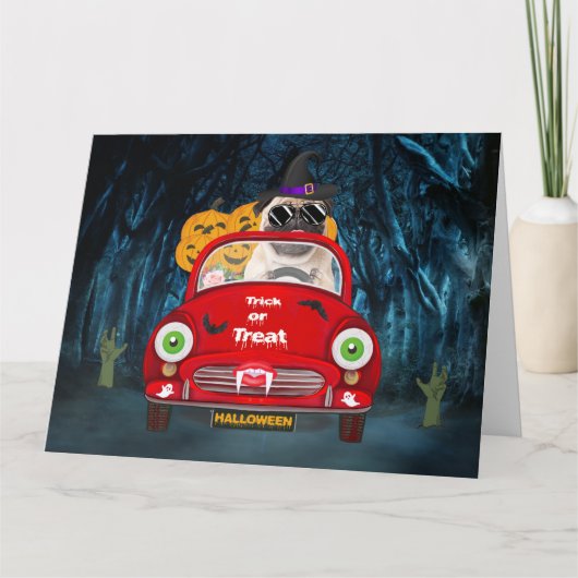 Carte Pug Chien Conduisant une Voiture Effrayante Hallo (Devant)