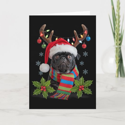 Carte Pug de Noël avec bois de cerf Chapeau de Père Noël (Devant)