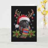 Carte Pug de Noël avec bois de cerf Chapeau de Père Noël (Fleur jaune)