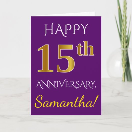Carte Purple, 15e anniversaire de Mariage de Faux Gold + (Devant)