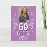 Carte Purple 60 & Fabulous Foliage 60th Birthday Photo<br><div class="desc">Purple 60 et Fabulous Foliage 60e Carte photo d'anniversaire. 60 et texte fabuleux en écriture blanche tendance avec un nom et feuillage blanc sur un arrière - plan violet vif. Personnalisez-le avec votre photo,  votre nom et l'âge. Ajoutez votre texte à l'intérieur de la carte ou effacez-le.</div>