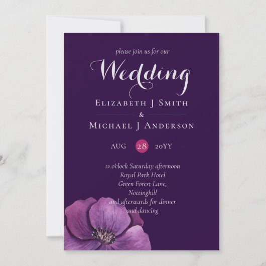 Carte Purple Dynasty Dark Floral Budget Mariage Invite (Devant)