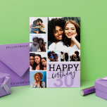 Carte Purple Family Friends Photo Collage Joyeux anniver<br><div class="desc">Cette carte de voeux d'anniversaire cool et mignonne est parfaite pour tout ami ou membre de la famille. Il comprend huit photos personnalisables avec la citation "Joyeux anniversaire", en plus d'un violet violet "30" (qui peut être changé à n'importe quel âge) et pastel violet bloc de couleur carré. C'est moderne,...</div>