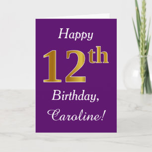 Carte Purple, Faux Gold 12e anniversaire + Nom personnal