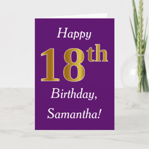 Carte Purple, Faux Gold 18e anniversaire + Nom personnal