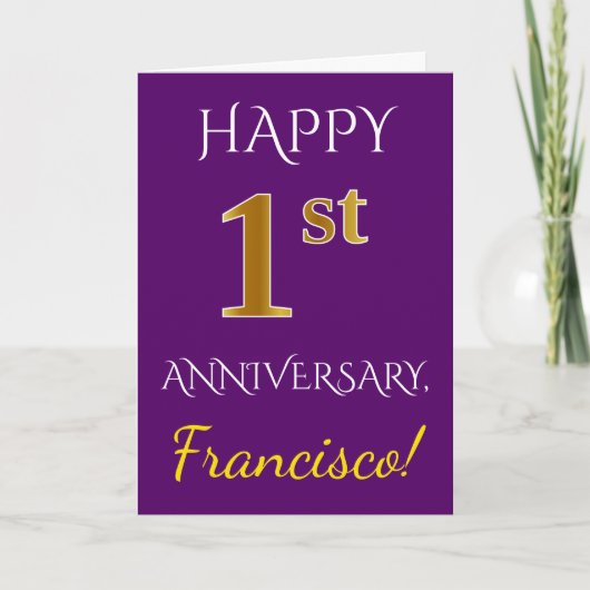 Carte Purple, Faux Gold 1er Anniversaire Mariage + Nom (Devant)