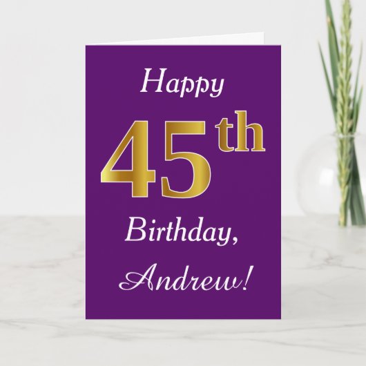 Carte Purple, Faux Gold 45e anniversaire + Nom personnal (Devant)