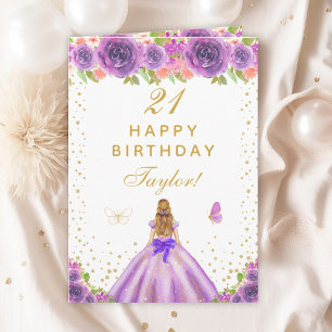 Carte Purple Floral Blonde Hair Girl Joyeux anniversaire