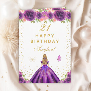 Carte Purple Floral Blonde Hair Girl Joyeux anniversaire