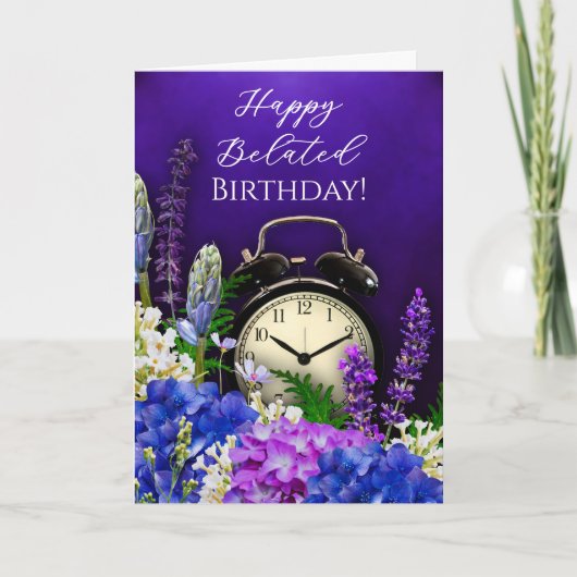 Carte Purple Floral Clock Belated Birthday Card (Devant)