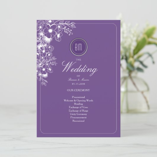 Carte Purple Floral Monogram Wedding Program (Debout devant)