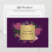 Carte Purple foncé Vintage Floral certificat cadeau (Devant / Derrière)