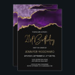 Carte Purple Gold Agate 21e fête d'anniversaire<br><div class="desc">Cette élégante invitation de 21ème anniversaire présente une aquarelle d'une géode d'agate dans les tons violet avec des reflets d'or. Les mots "21e anniversaire" apparaissent dans la parties scintillant en faux or dans la police décorative moderne d'écriture manuscrite. Customisez-le avec le nom de l'invité d'honneur en texte doré et les...</div>