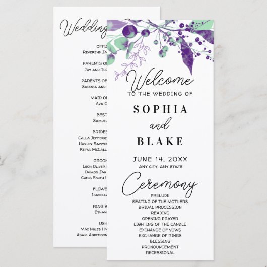 Carte Purple & Green Berries & Greenery Wedding Programm (Devant / Derrière)