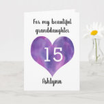 Carte Purple Heart 15th Birthday for Granddaughter<br><div class="desc">A heart granddaughter 15th birthday card that features a water color heart on the front. You can personalize the heart with the age you need and add her name underneath the heart. The inside card message reads a heartfelt birthday message, which also be easily personalized if wanted. The back reads...</div>