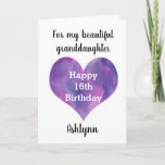 Carte Purple Heart Happy 16th Birthday Grandgirl<br><div class="desc">Un joli coeur violet aquarelle figurait sur le devant de cette joyeuse carte de petite-fille de 16e anniversaire, que vous pouvez personnaliser sous son nom. Le message de la carte intérieure dit : "J'espère qu'aujourd'hui et chaque jour est rempli de beaucoup d'amour, de rire et de plaisir. Je t'aime toujours....</div>