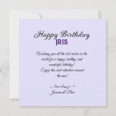 CARTE PURPLE IRIS SOPHISTIQUÉ GÂTEAU D'ANNIVERSAIRE DÉCO (Dos)
