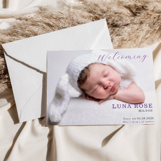 Carte Purple Minimalist Photo Baby Announcement Card