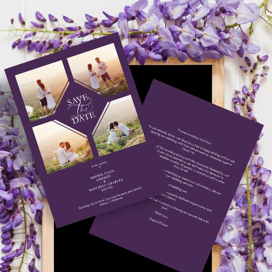 Carte Purple Minimalist Wedding Fancy 4 Photos Collage