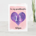 Carte Purple Pink 11th Birthday Granddaughter<br><div class="desc">A personalized pink and purple happy 11th birthday granddaughter card that features a water color heart against a pink water color. You can personalize the water color heart with the age you need and add her name underneath the heart. The inside card message reads a birthday message, which can also...</div>