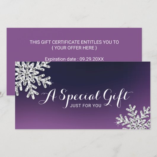 Carte Purple Snowflake Beauté Salon Certificat cadeau (Devant / Derrière)